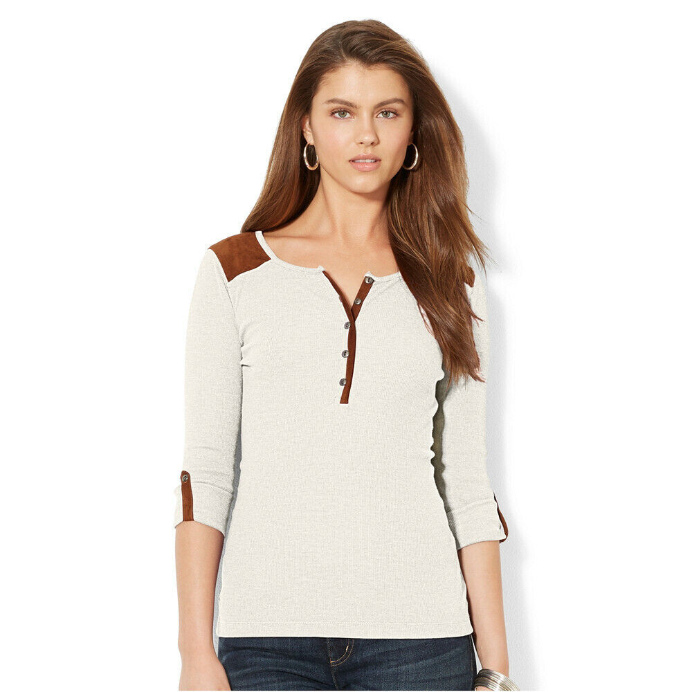 Lauren Ralph Lauren Faux Suede Trim Tab Sleeve Henley Top size Medium NWT Flawed